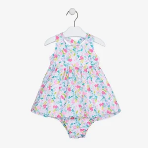 vestido blanco, flores colores, cruzado en la espalda