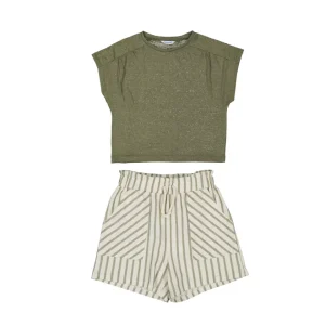 conjunto blusa verde short lino a rayas