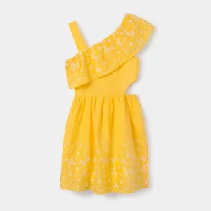 vestido olan en cuello, abertura en cintura color banana