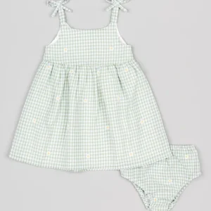 Vestido cuadros Verde, con flores bordadas