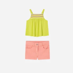 Set blusa verde limón y short  naranja