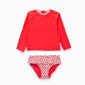 Camiseta + Braguita de Baño UPF80 para Bebé Niña 'Lunares', Rojo