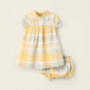 Vestido + Cubrepañal con Cuadros para Recién Nacida 'B&S', Amarillo/Azul