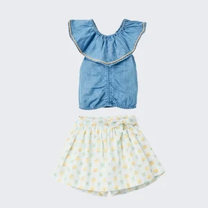 Conjunto blusa denim y falda flores claro